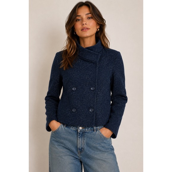 LOFT Jackets & Blazers - LOFT Womens L Textured Double Breasted Jacket Navy Blue Funnel Neck Career NWT
